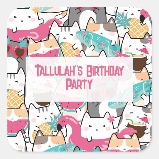 Sticker Carré Pink Kawaii Cats Pool Party Anniversaire (Devant)
