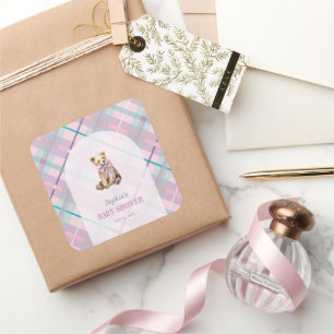 Sticker Carré Pink & Lavender Plaid Teddy Bear Girl Baby shower