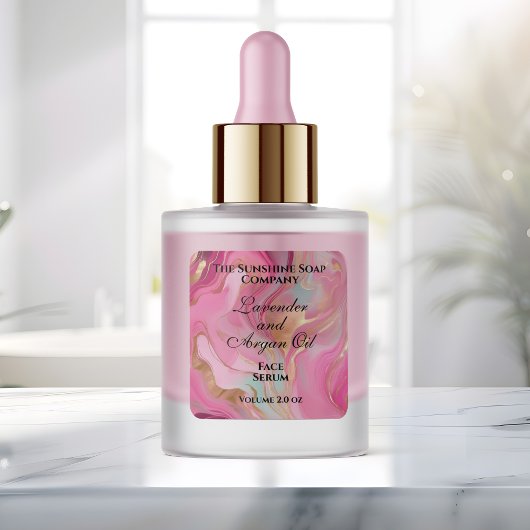 Sticker Carré Pink marble and gold foil dropper bottle label