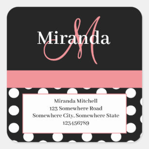 Sticker Carré Pink Monogram White Polka Dot Adresse de retour