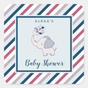 Sticker Carré Pink & Navy Elephant & Stripes Baby shower Favoris