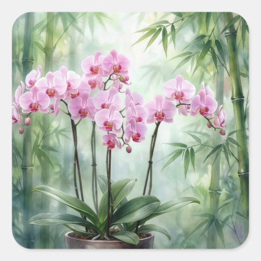 Sticker Carré Pink Orchids On Green Bamboo Background (Devant)