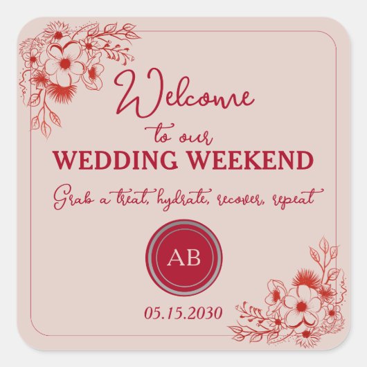 Sticker Carré Pink Red Wedding Weekend Welcome (Devant)