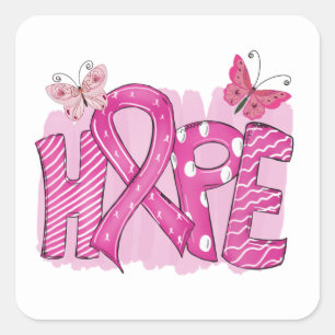 Sticker Carré Pink Ribbon Fighter Papillon Hope Cancer du sein