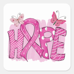 Sticker Carré Pink Ribbon Fighter Papillon Hope Cancer du sein
