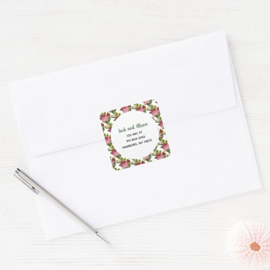 Sticker Carré Pink Rose Minimum Floral Green Leaf (Enveloppe)