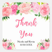 Sticker Carré Pink Roses with Foliage Wedding Thank You (Devant)