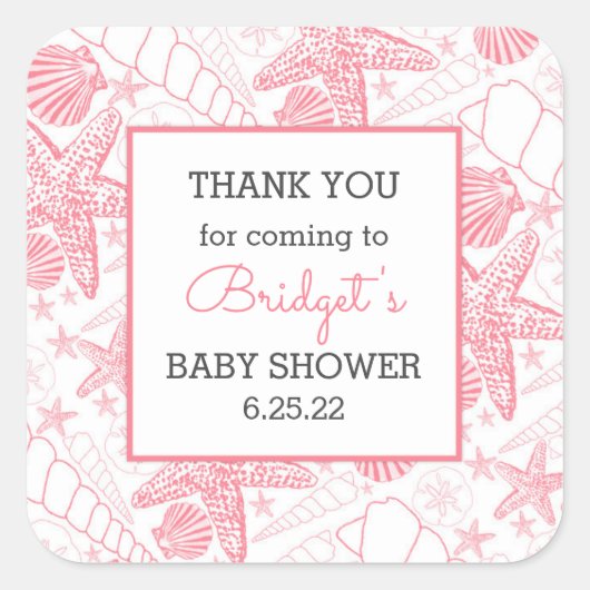 Sticker Carré Pink Sea Shells baby shower merci (Devant)