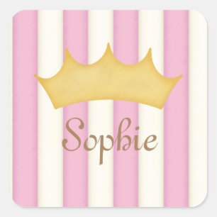 Sticker Carré Pink Stripes Nom personnalisé Princess Crown