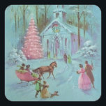 Sticker Carré Pink Vintage Winter Christmas Church<br><div class="desc">Sticker Carré vintage Pink Christmas Tree & Church</div>