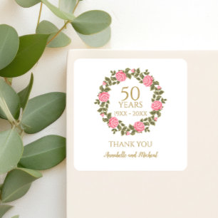 Sticker Carré PINK WILD ROSES Floral Garland 50e Mariage merci