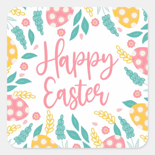 Sticker Carré Pink Yellow Pastel Easter Eggs Foliage (Devant)