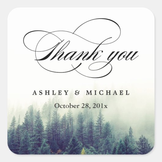 Sticker Carré Pins de la forêt naturelle Script Merci (Devant)