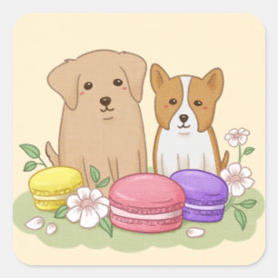 Sticker Carré Pipettes mignonnes et Macarons Illustration