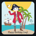 Sticker Carré Pirate kid birthday<br><div class="desc">This product is for kids that love pirates and piracy stories. It feesta cute little pirate boy that has arrived on this island with palm trees. There's a pirate ship in the horizon waiting for him to return with a treasure! Seagulls are watching. This product is ideal for a pirate...</div>