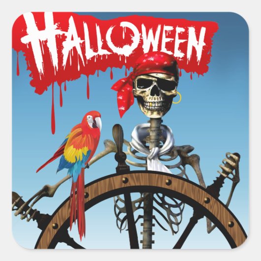 Sticker Carré Pirate Skeleton Sailor avec Macaw Halloween Party (Devant)