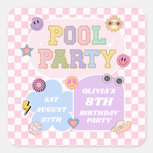 Sticker Carré Piscine Party Preppy Varsity Patch Anniversaire (Devant)