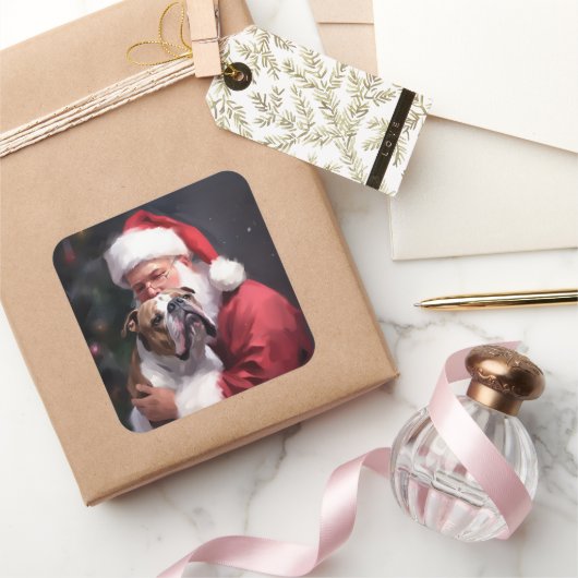 Sticker Carré Pitbull avec Noël Festif du Père Noël (Cadeaux)