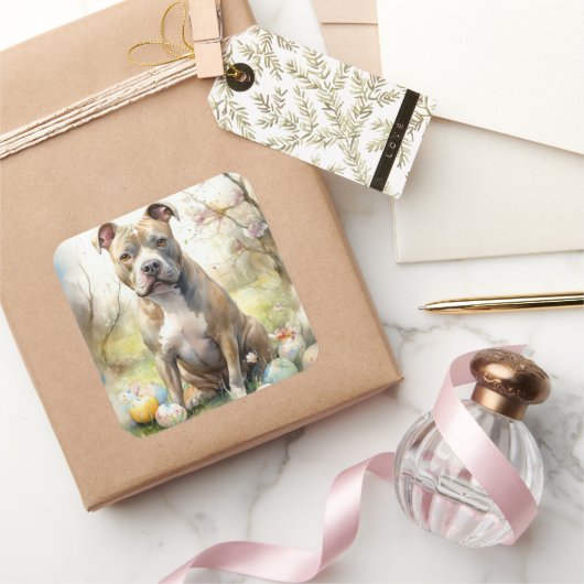 Sticker Carré Pitbull Chien avec des oeufs de Pâques vacances (Cadeaux)