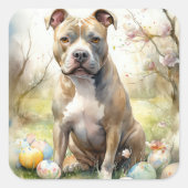 Sticker Carré Pitbull Chien avec des oeufs de Pâques vacances (Devant)