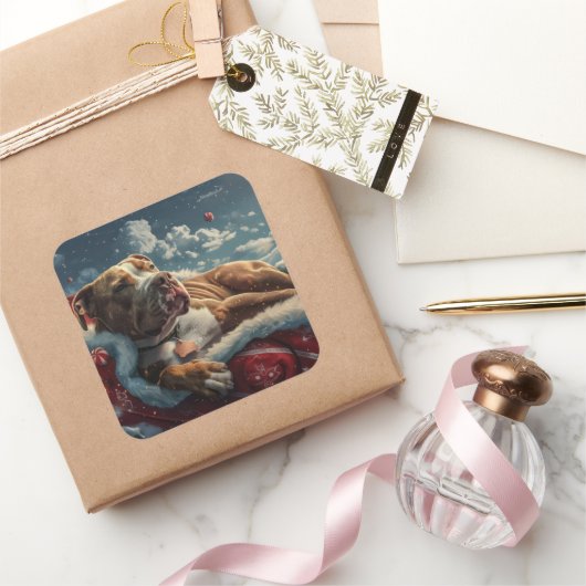 Sticker Carré Pitbull Chien Festif de Noël (Cadeaux)