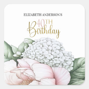 Sticker Carré Pivoine Rose Gâteau Floral 40e Anniversaire 