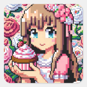 Sticker Carré Pixel Art Girl's Pink Birthday Party