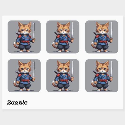 Sticker Carré Pixel de chats Samurai (Feuille)