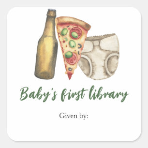 Sticker Carré Pizza, Brews et Diapers - première bibliothèque po