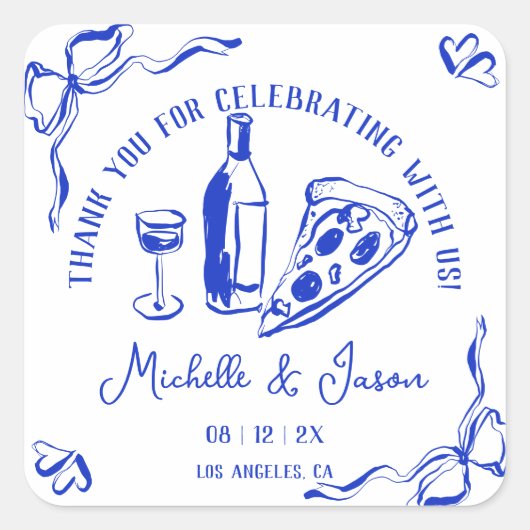 Sticker Carré Pizza Merci de Bow français à la main fantaisie (Devant)