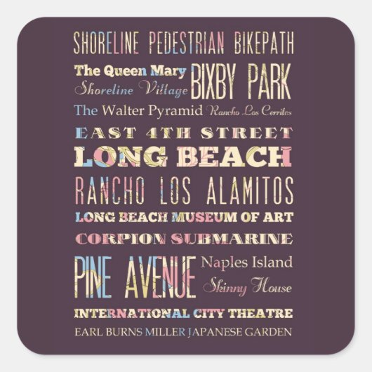 Sticker Carré Places célèbres de Long Beach, Californie. (Devant)