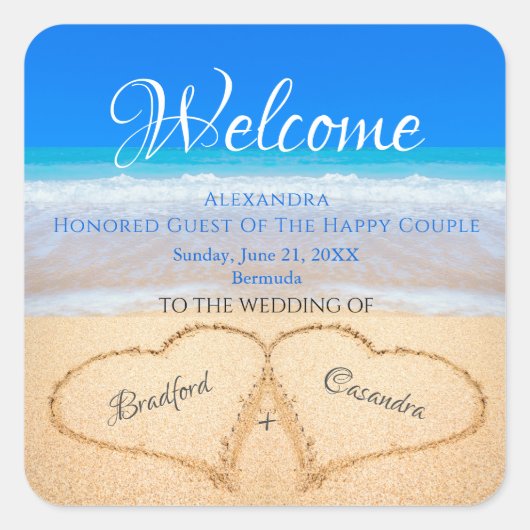 Sticker Carré Plage Coeurs de mariage dans le sable Welcome Keep (Devant)