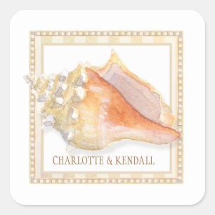 Sticker Carré Plage Damask Conch Shell Mariage Enveloppe Seals