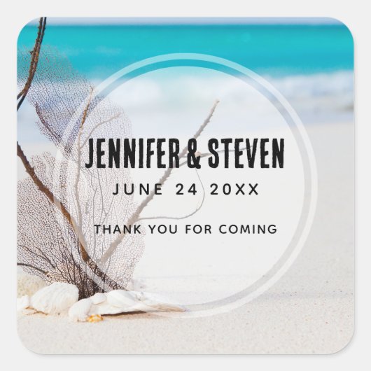 Sticker Carré Plage de sable avec Mariage de coquillages blancs (Devant)