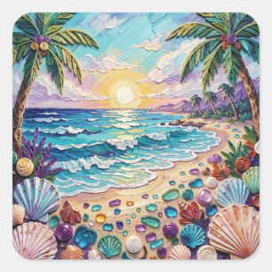 Sticker Carré Plage d'Impasto et Verre de Mer Coucher de Soleil