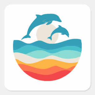 Sticker Carré Plage Dolphin vintage Retro Summer Time