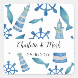 Sticker Carré Plage du phare aquarelle peinte à la main
