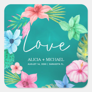 Sticker Carré Plage Hawaii floral tropical script d'amour mariag