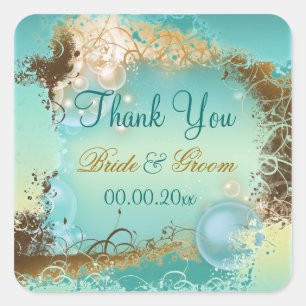 Sticker Carré Plage "merci" mariage aqua blanc