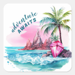 Sticker Carré Plage Palm Tree Mountain View Aventure Attend
