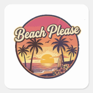 Sticker Carré Plage Rétro S'il Vous Plaît Été Coucher de Soleil