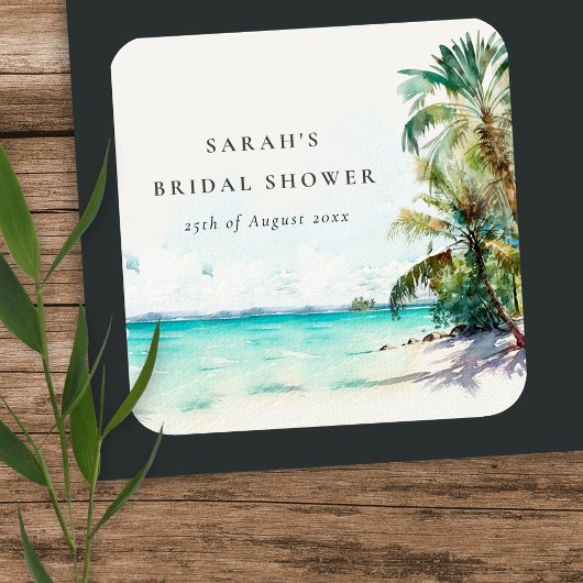 Sticker Carré Plage Tropicale Aquarelle Arbres Palmiers Shower d