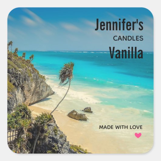 Sticker Carré Plage tropicale avec Palmiers balayés par le vent  (Devant)