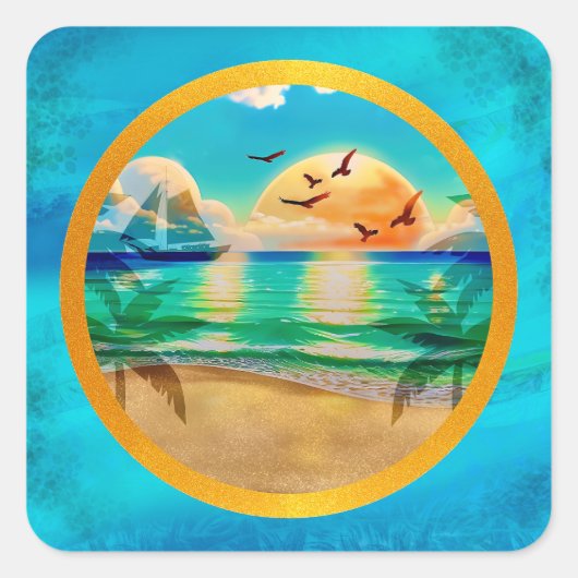 Sticker Carré Plage tropicale moderne Palm Trees Sunset Vacances (Devant)
