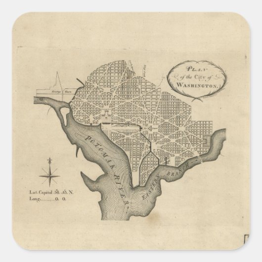 Sticker Carré Plan de la ville de Washington D.C. (1794) (Devant)
