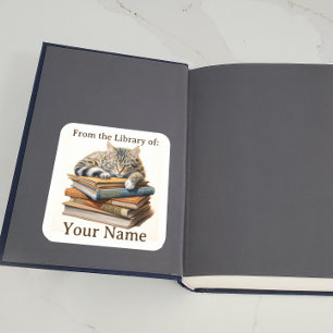 Sticker Carré Plaque avec chat sur livres