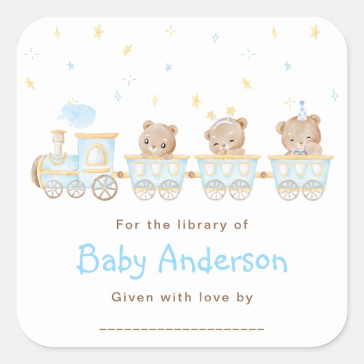 Sticker Carré Plaque Baby shower Bear Blue Train (Devant)