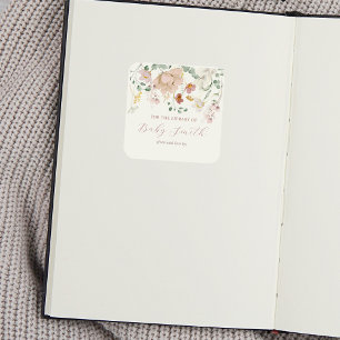Sticker Carré Plaque Baby shower de fleurs roses