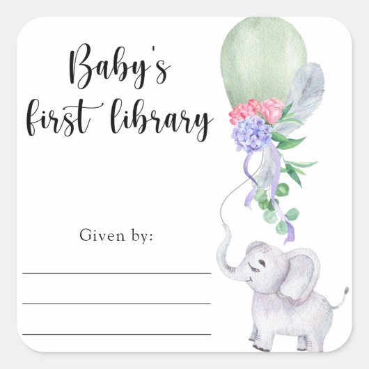 Sticker Carré Plaque Baby shower éléphant, livres pour bébé (Devant)
