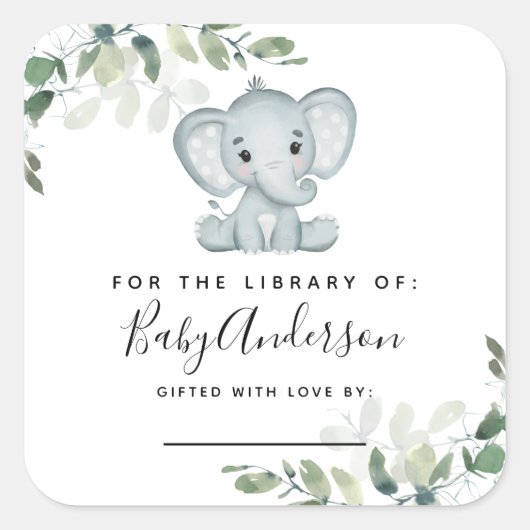 Sticker Carré Plaque Baby shower Eucalyptus Elephant (Devant)